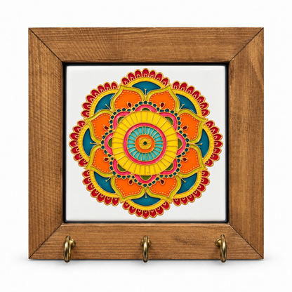 Embossed Floral Ceramic Tile Wooden Key Holder 15x15cm