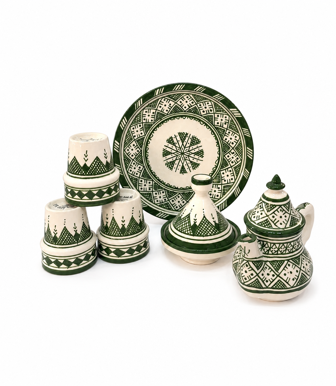 Moroccan  Tea Set - Green & White Geometric Design - Traditional Fez Pottery