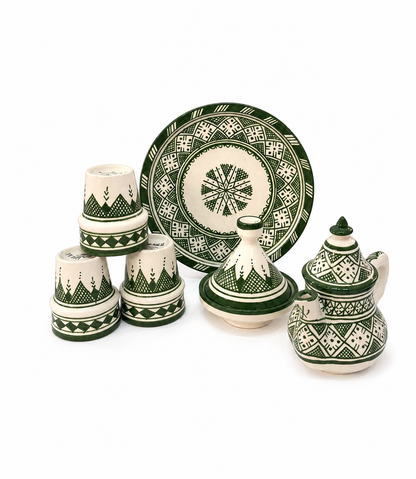 Moroccan  Tea Set - Green & White Geometric Design - Traditional Fez Pottery