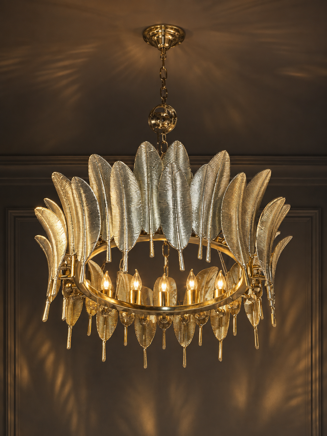 Silver Feather Crown Chandelier - Round