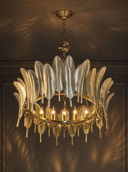 Silver Feather Crown Chandelier - Round