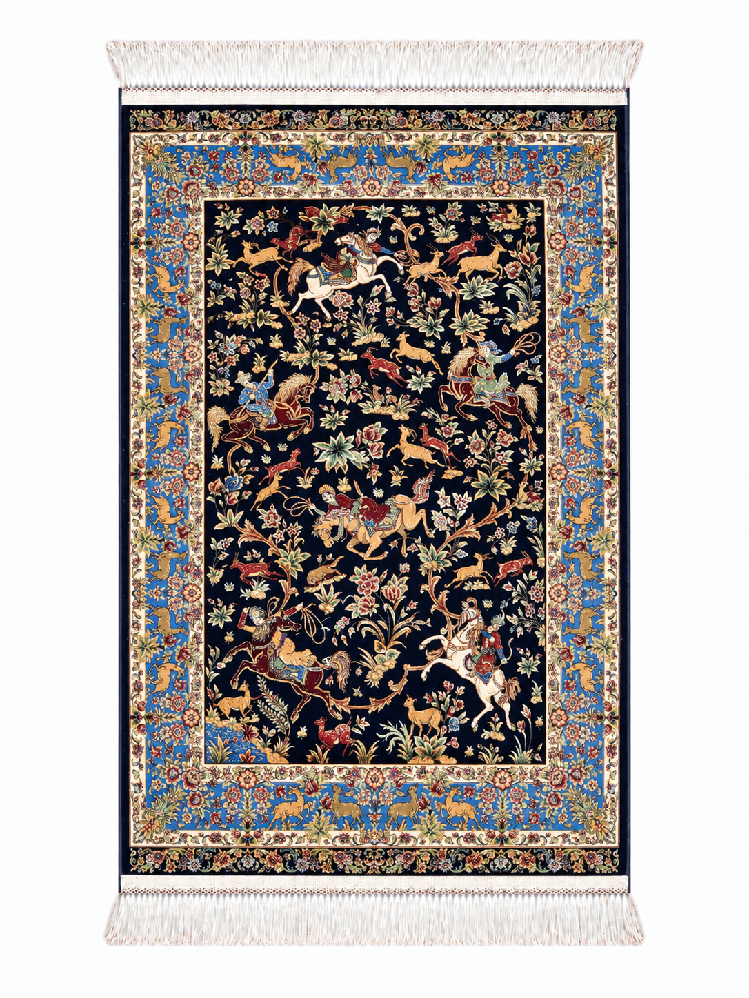 Royal Persian Hunting Garden Silk Carpet - Navy - 60x90cm