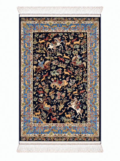 Royal Persian Hunting Garden Silk Carpet - Navy - 60x90cm