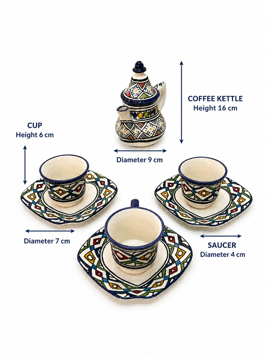 Moroccan Ceramic Coffee Set - Traditional Fez Pottery with Geometric Design