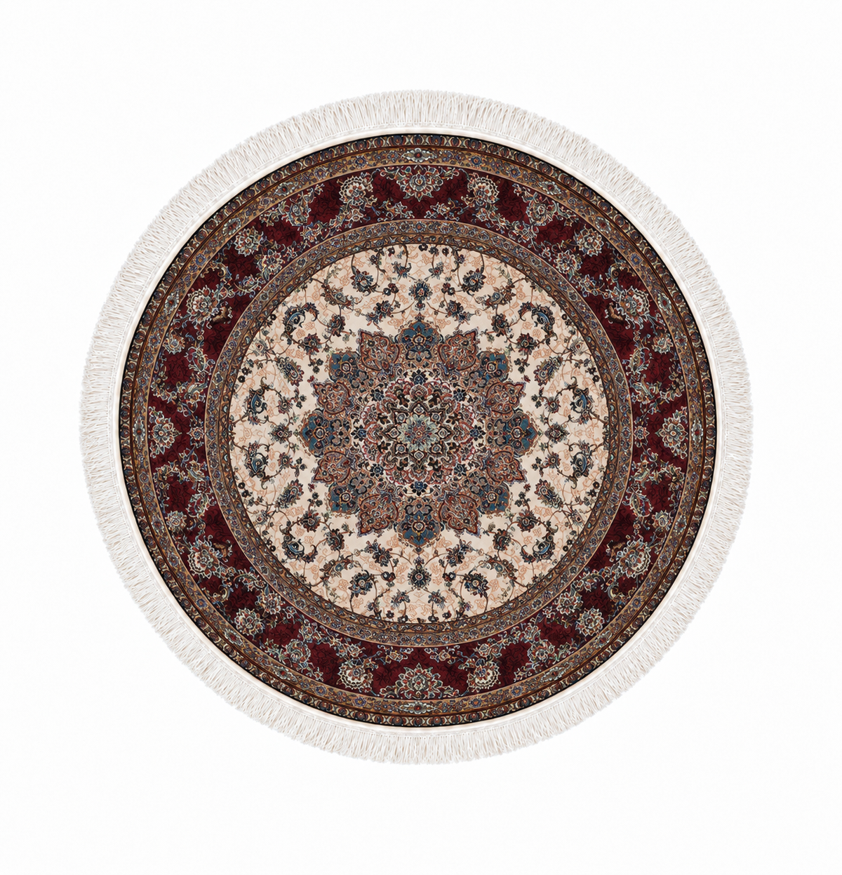Burgundy Majestic Medallion Persian Silk Carpet Round 100cm Diameter