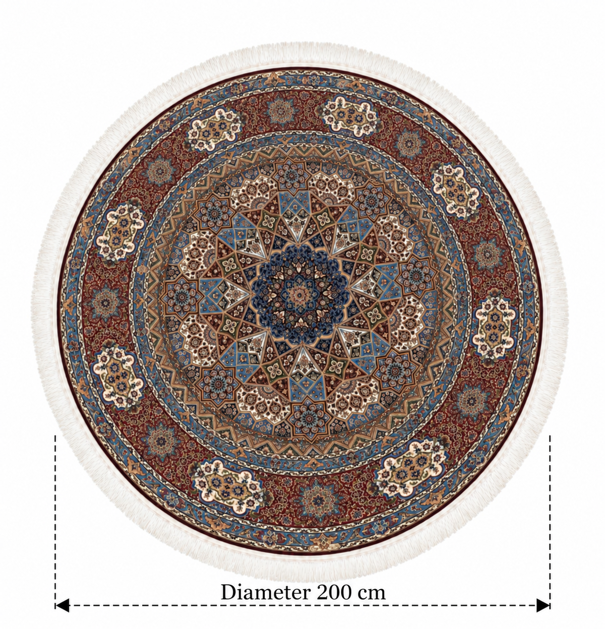 Persian Heritage Star Medallion Burgundy Round Silk Carpet 200cm Diameter