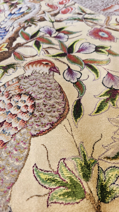 Persian Enchanted Aviary Hand-Bordered  Natural Wool & Silk Carpet 200x300 cm