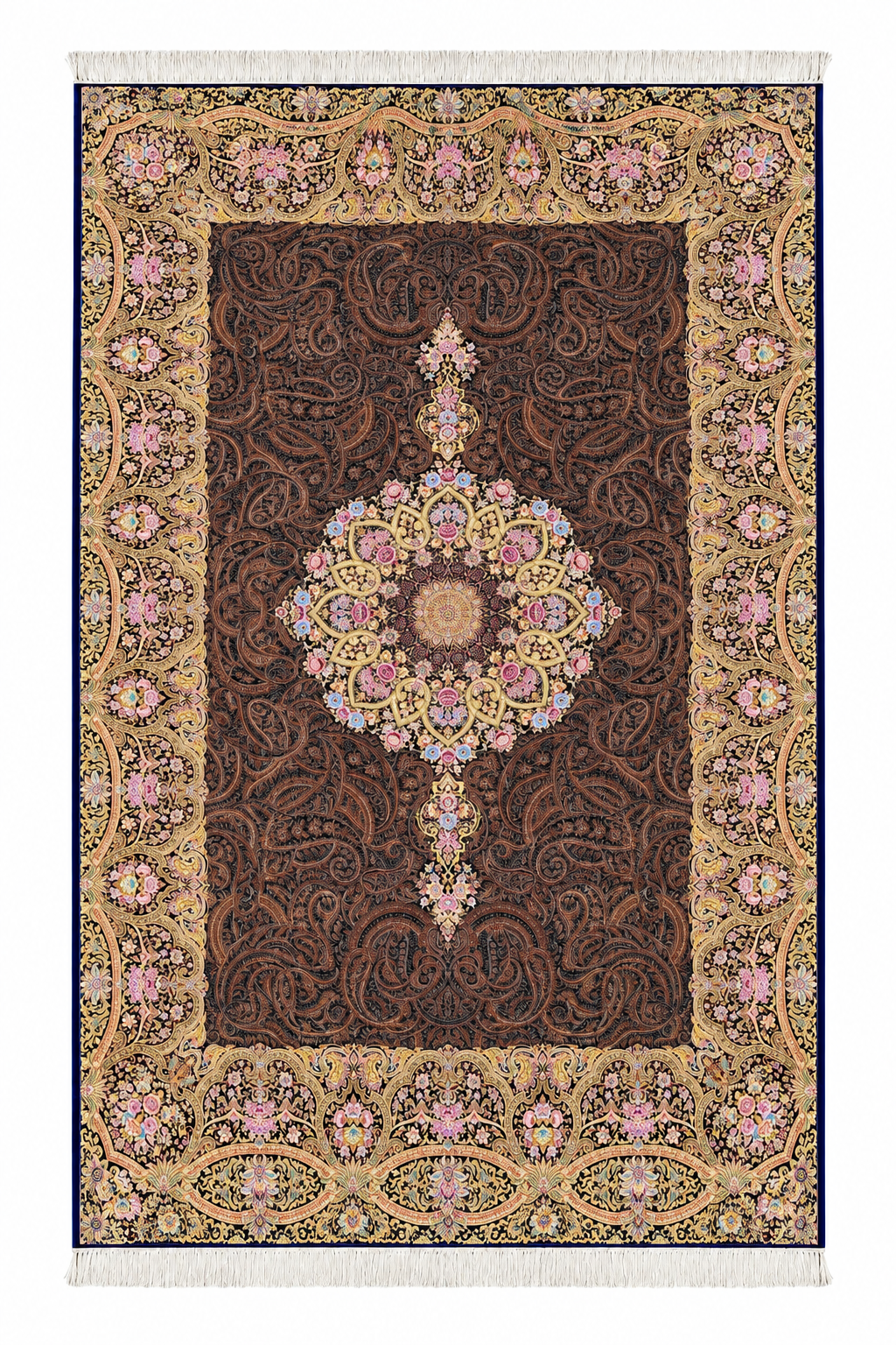 Royal Mocha Medallion Hand-Bordered Natural  Wool & Silk Carpet 200x300 cm