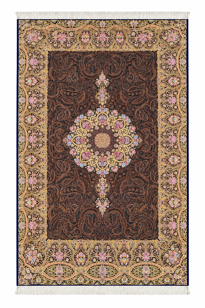 Royal Mocha Medallion Hand-Bordered Natural  Wool & Silk Carpet 200x300 cm