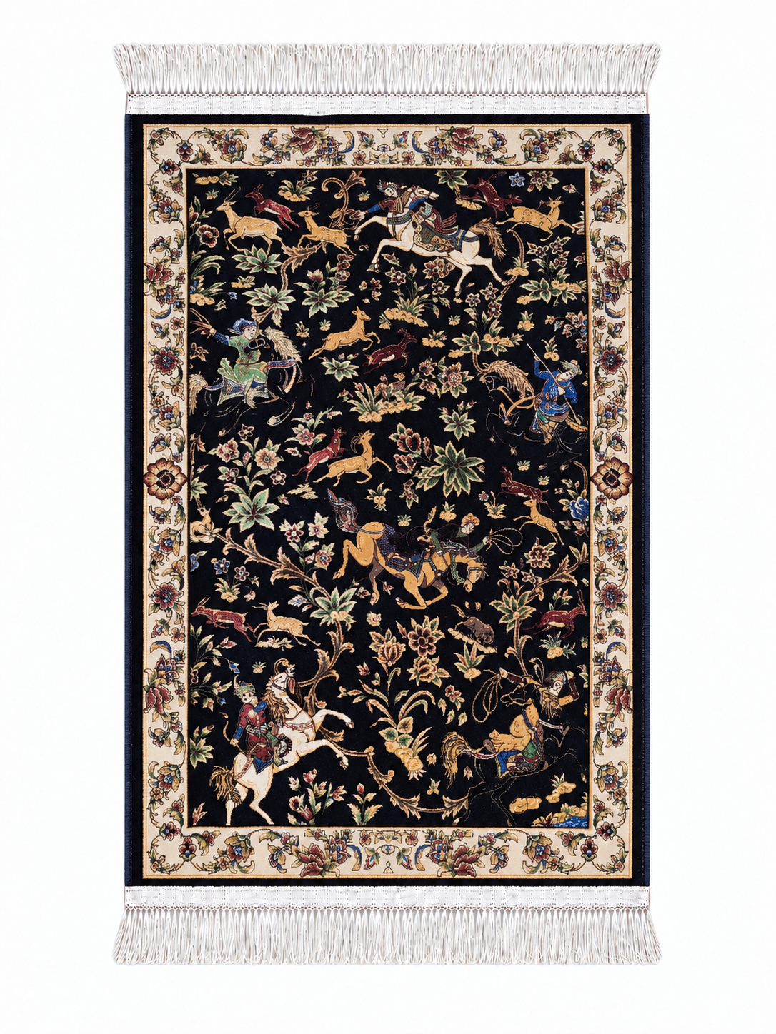 Royal Persian Hunting Garden Silk Carpet - Navy - 60x90cm