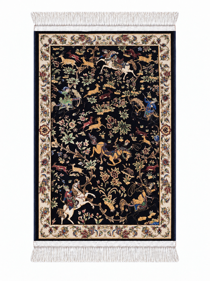 Royal Persian Hunting Garden Silk Carpet - Navy - 60x90cm