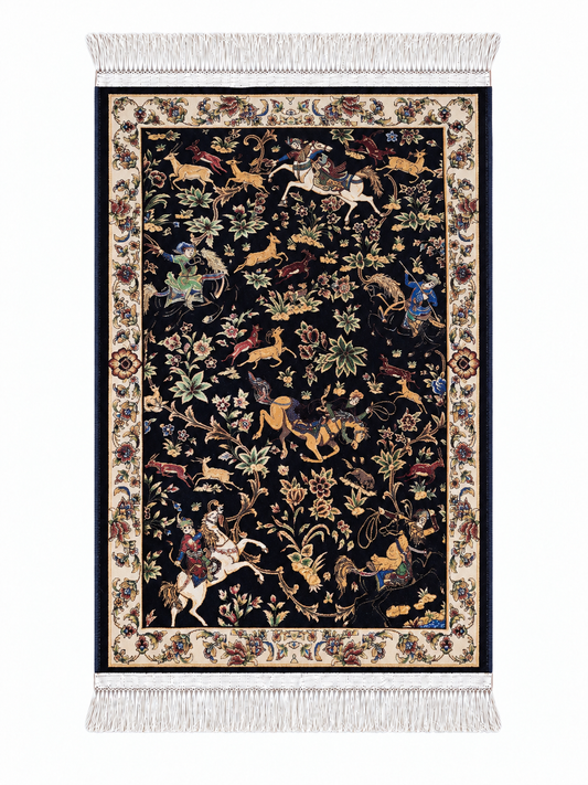 Royal Persian Hunting Garden Silk Carpet - Navy - 60x90cm